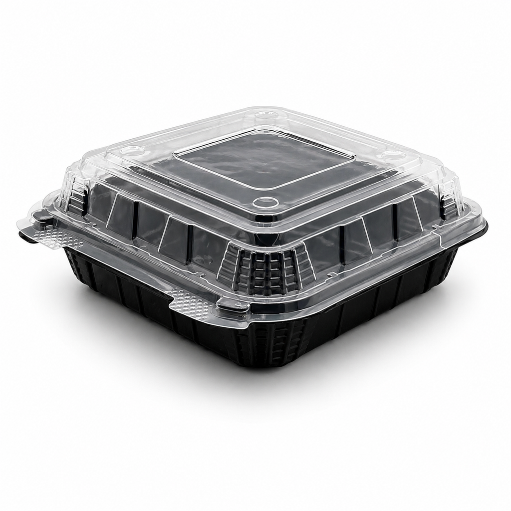 Premier Plastic Container Hinged 8/8 150 CT Black W Clear Lid