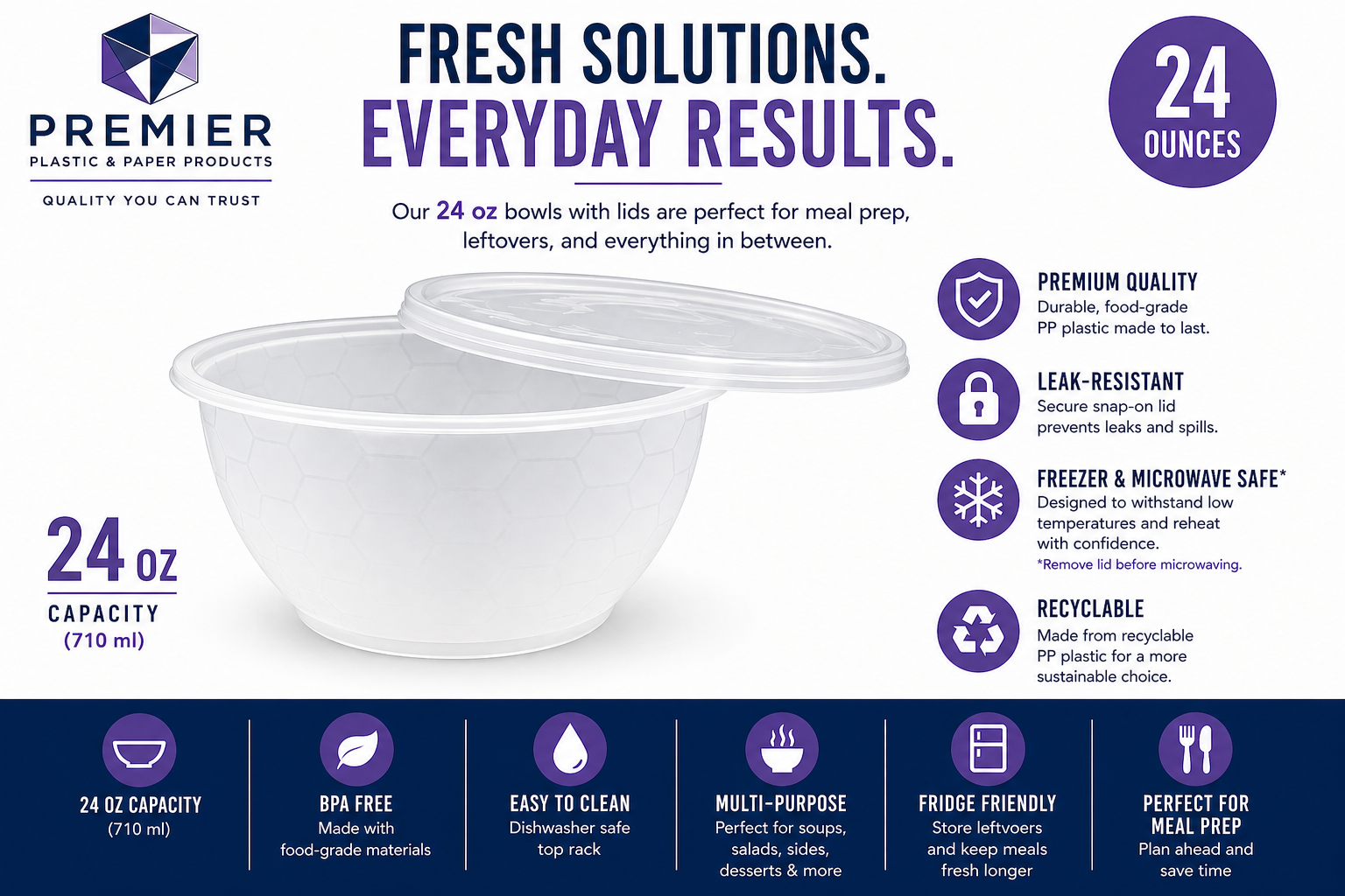 Premier Plastic Container BOWL 24 OZ CLEAR