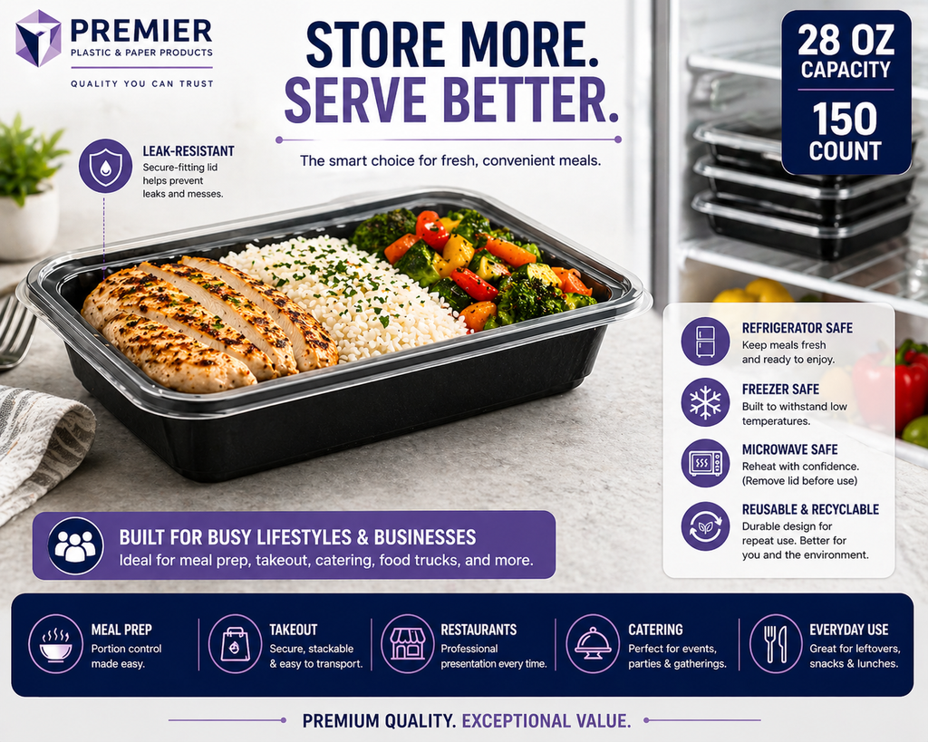 Premier Plastic Container RECTANGLE 28 OZ W LID 150 CT