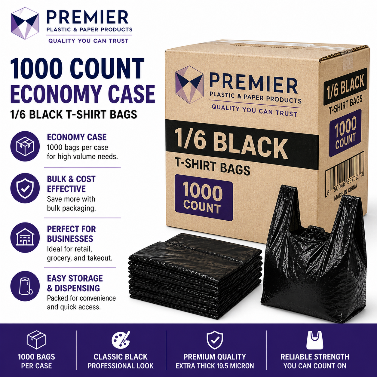 Premier 1/6 Easy Open 1000 BLACK SUPER HEAVY DUTY BAG