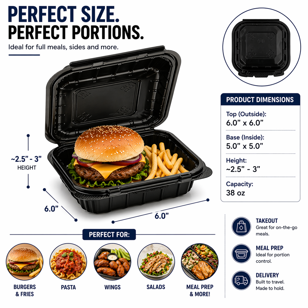 Premier Plastic Container Hinged BLACK 6/6 200 CT