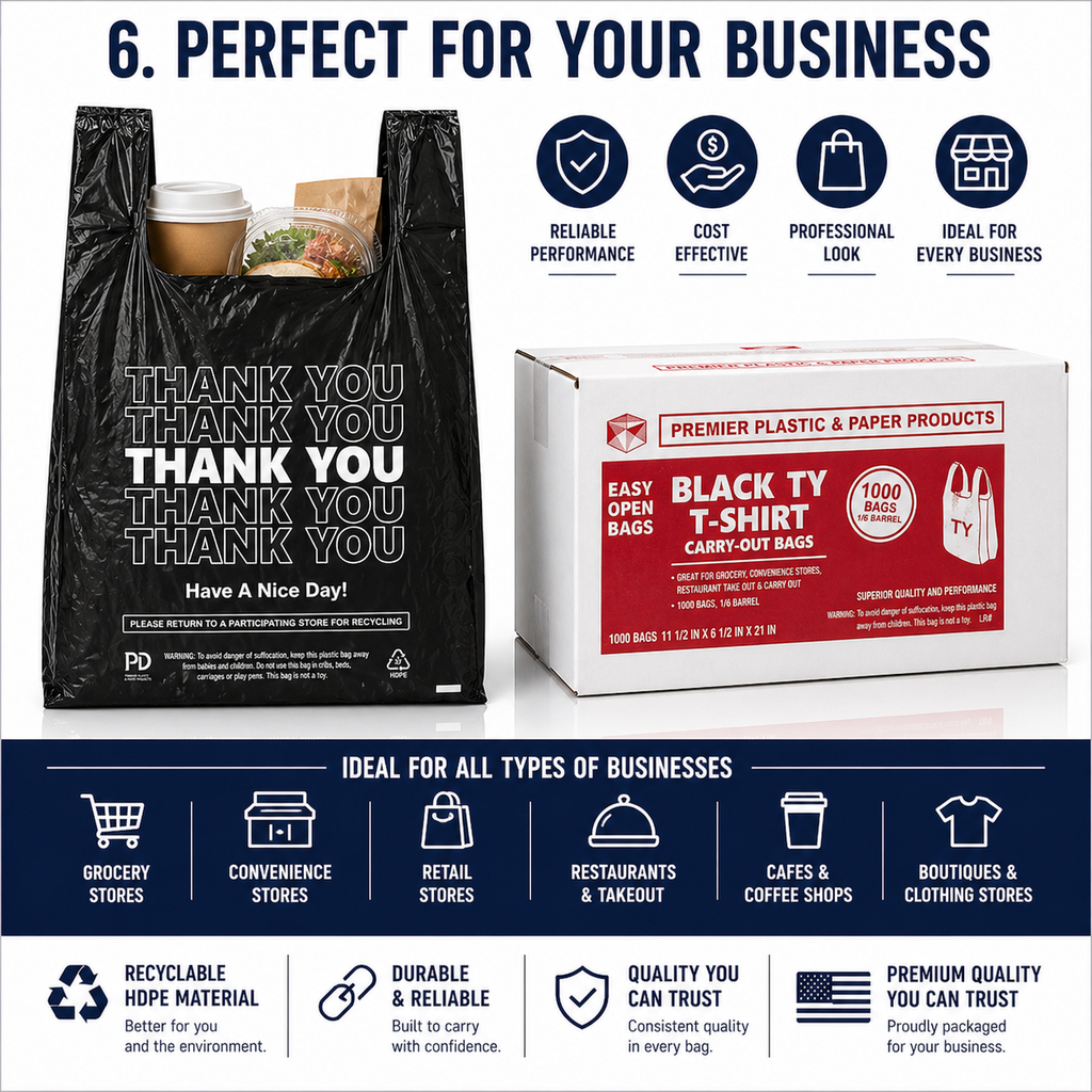 1/6 Easy Open 1000 CT Black Thankyou Bags