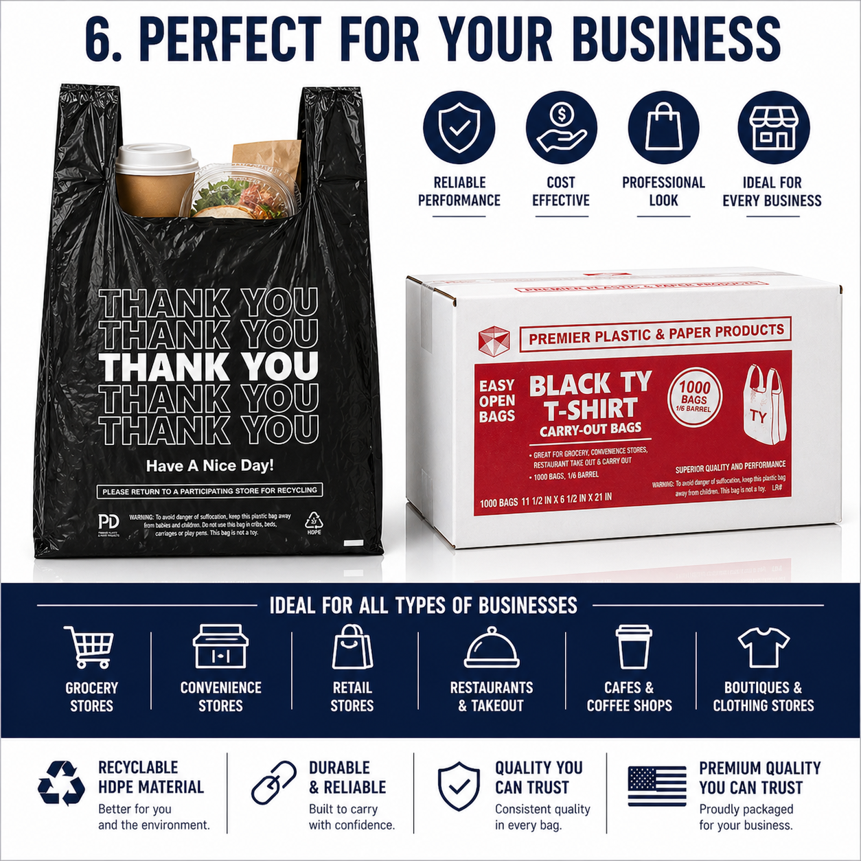 1/6 Easy Open 1000 CT Black Thankyou Bags