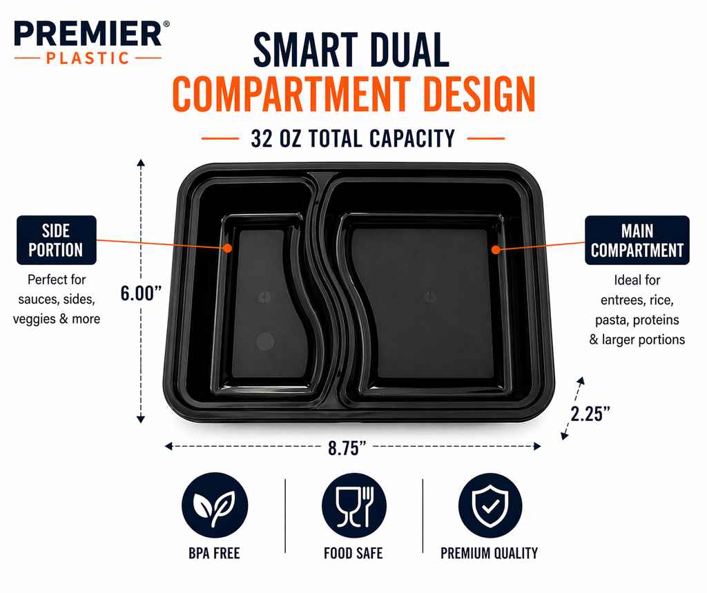 Premier Plastic Container RECTANGLE 2 COMPARTMENT-32 OZ W LID 150 CT