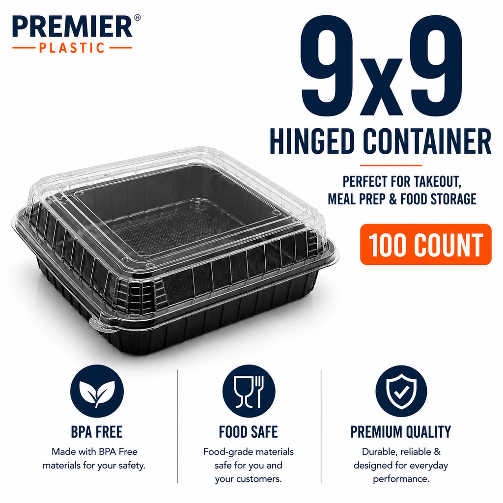 Premier Plastic Container Hinged 9/9 100 CT Black W Clear Lid