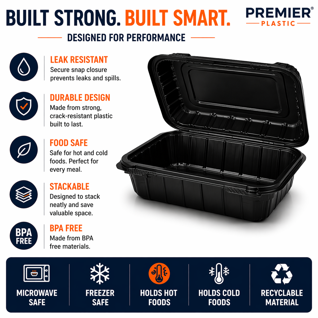 Premier Plastic Container Hinged BLACK 9/6 200 CT