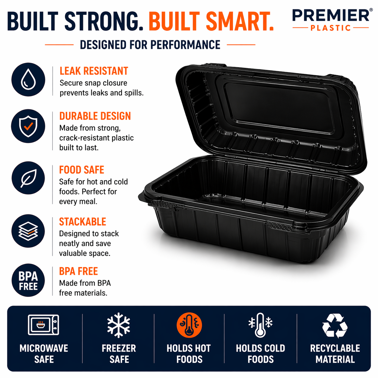 Premier Plastic Container Hinged BLACK 9/6 200 CT