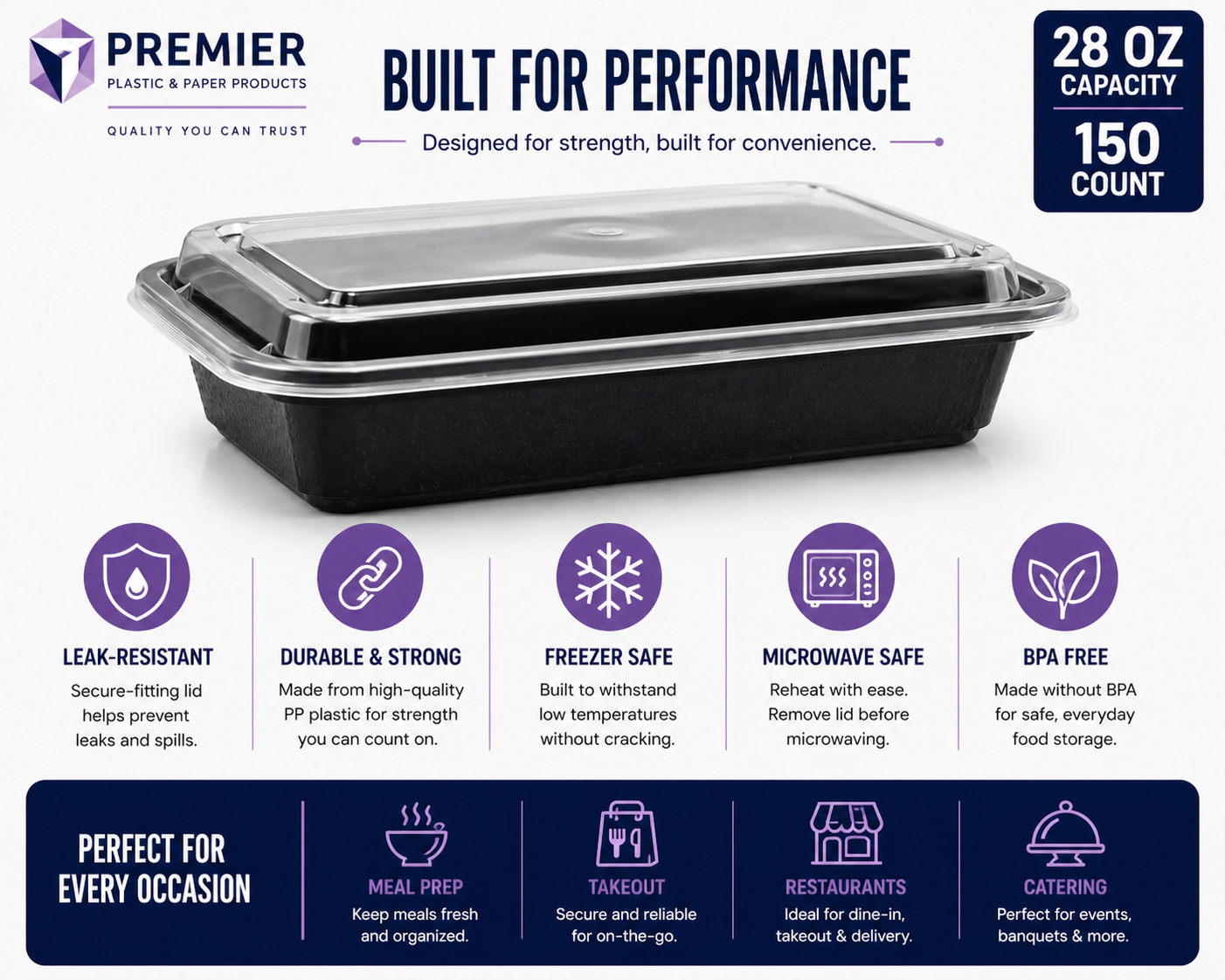 Premier Plastic Container RECTANGLE 28 OZ W LID 150 CT