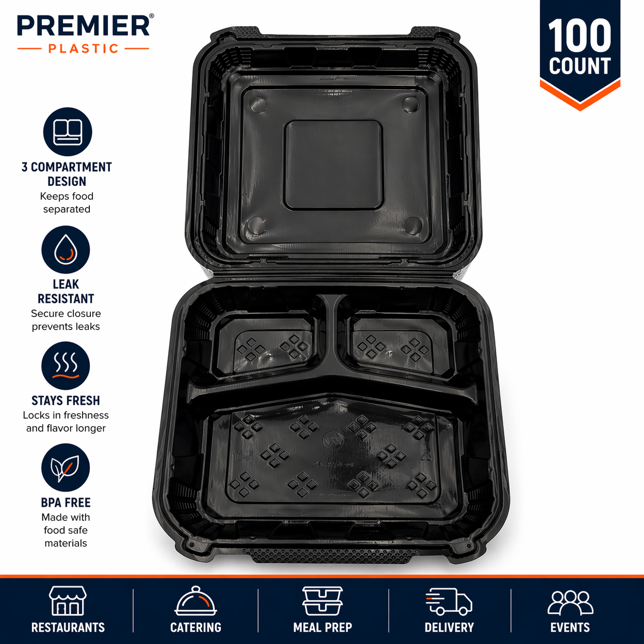 Premier Plastic Container Hinged 9/9-3 COMPARTMENT 100 CT BLACK
