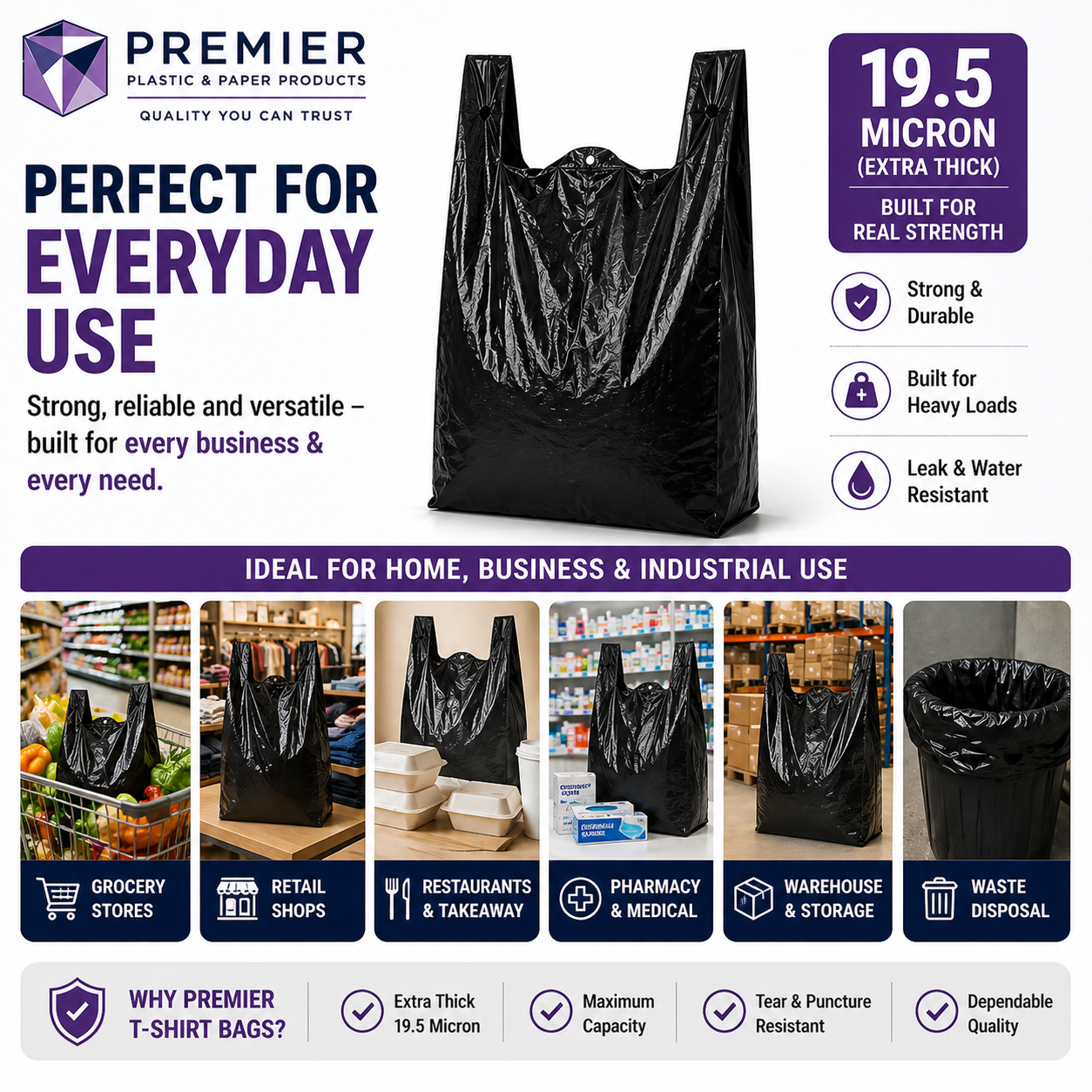 1/6 Large Easy Open 400pc BLACK SUPER HEAVY DUTY Plastic Bag