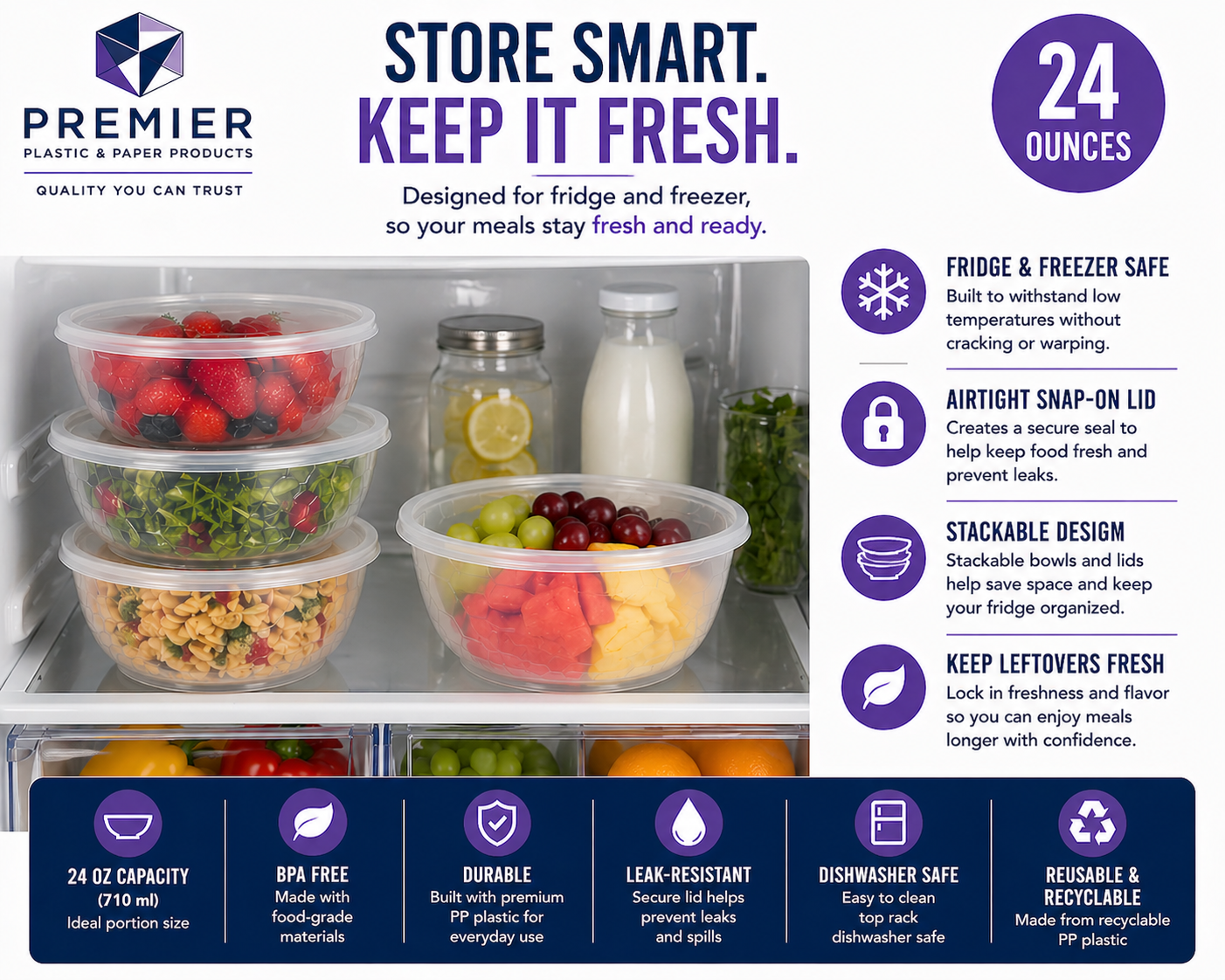 Premier Plastic Container BOWL 24 OZ CLEAR