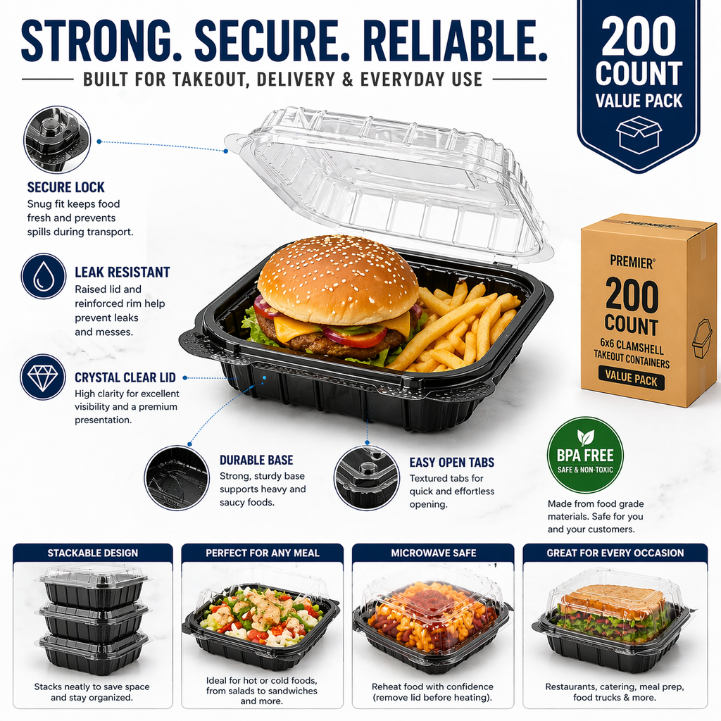 Premier Plastic Container Hinged 6/6 200 CT