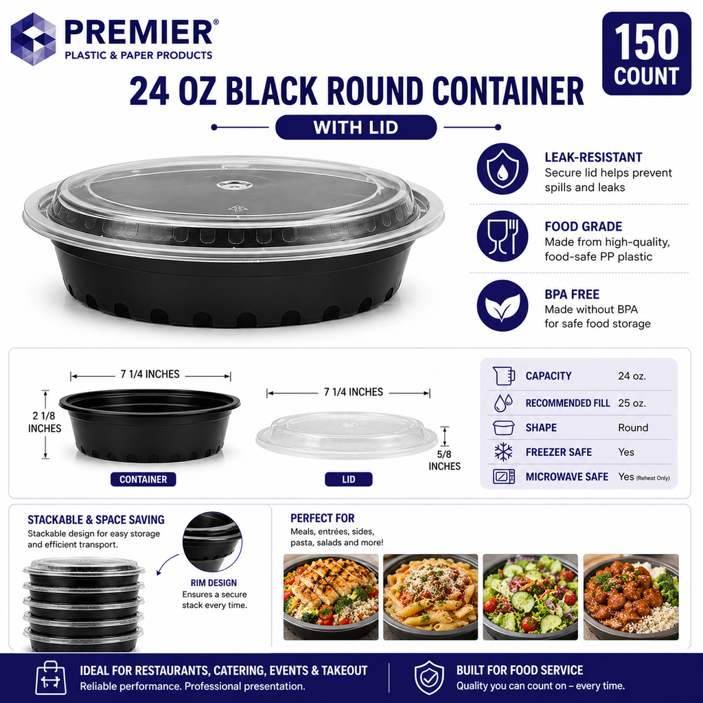 Premier Plastic Container ROUND 24 OZ W LID 150 CT