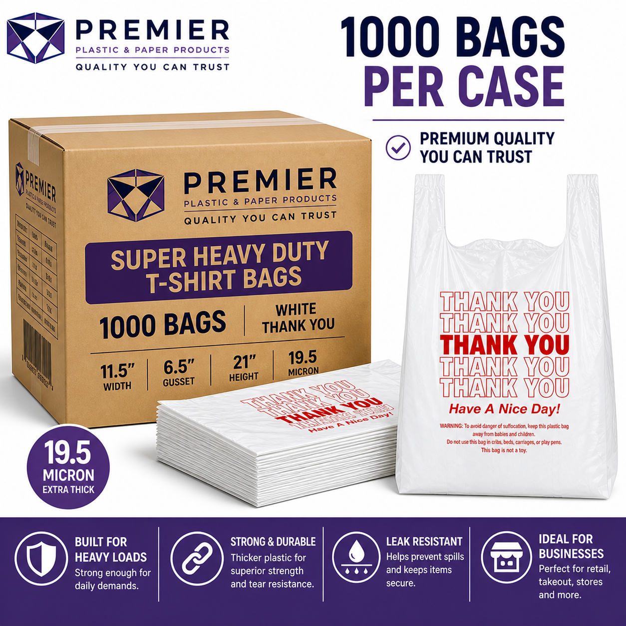 Premier 1/6 Easy Open 1000 WHITE THANK YOU SUPER HEAVY BAG