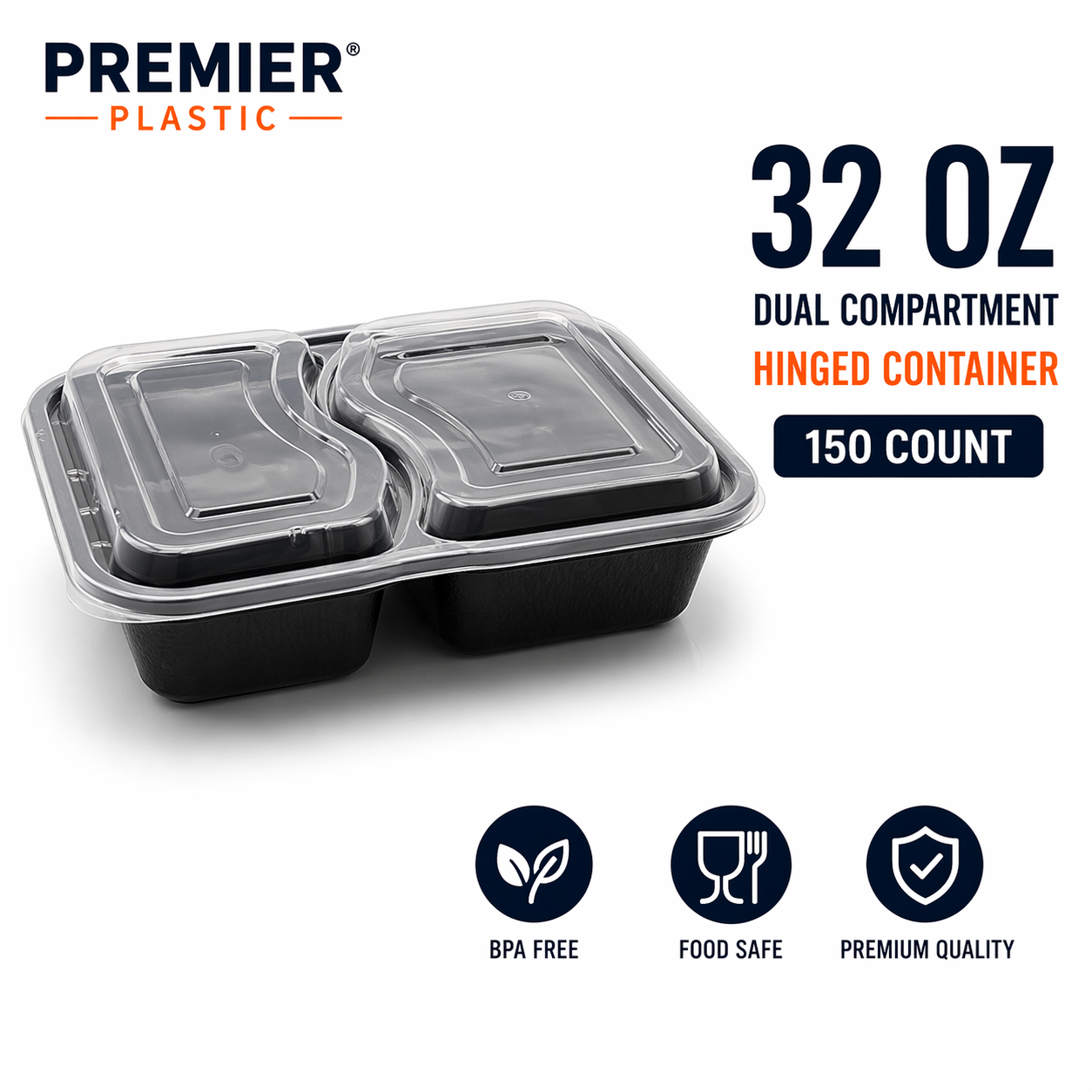 Premier Plastic Container RECTANGLE 2 COMPARTMENT-32 OZ W LID 150 CT
