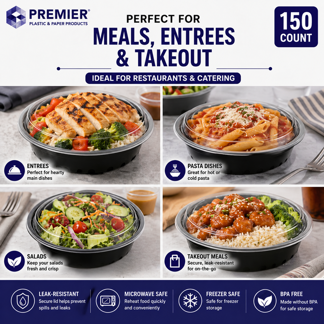 Premier Plastic Container ROUND 24 OZ W LID 150 CT