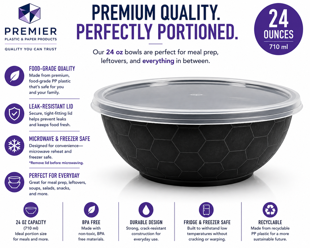 Premier Plastic Container BOWL 24 OZ BLACK