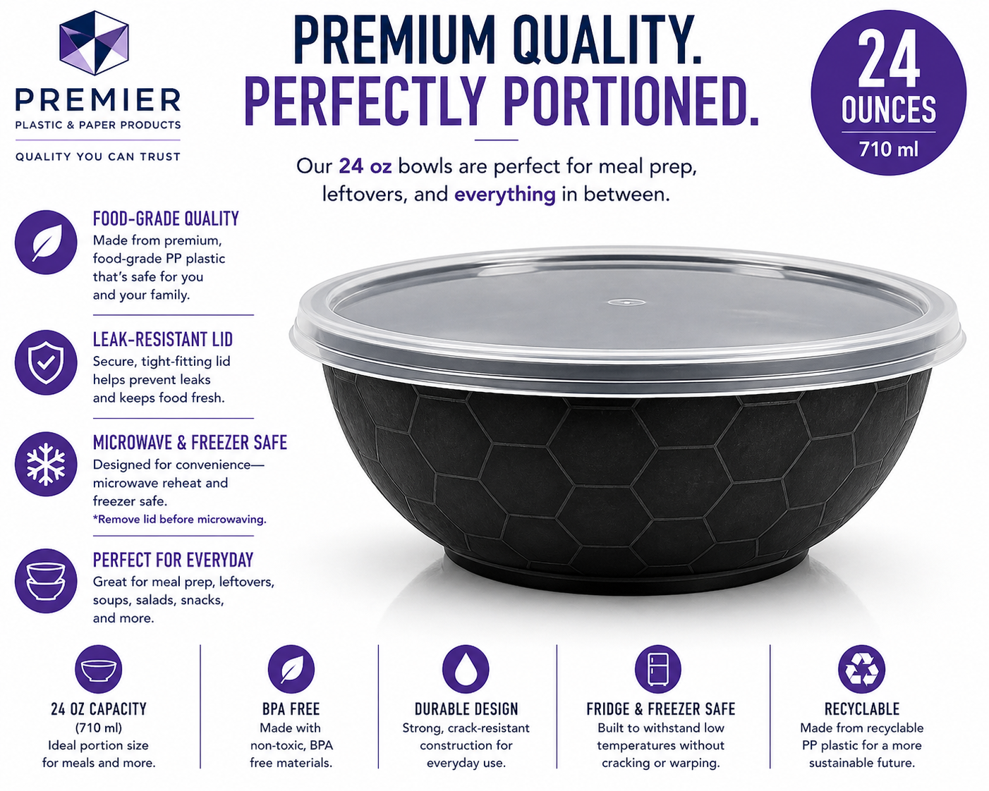 Premier Plastic Container BOWL 24 OZ BLACK