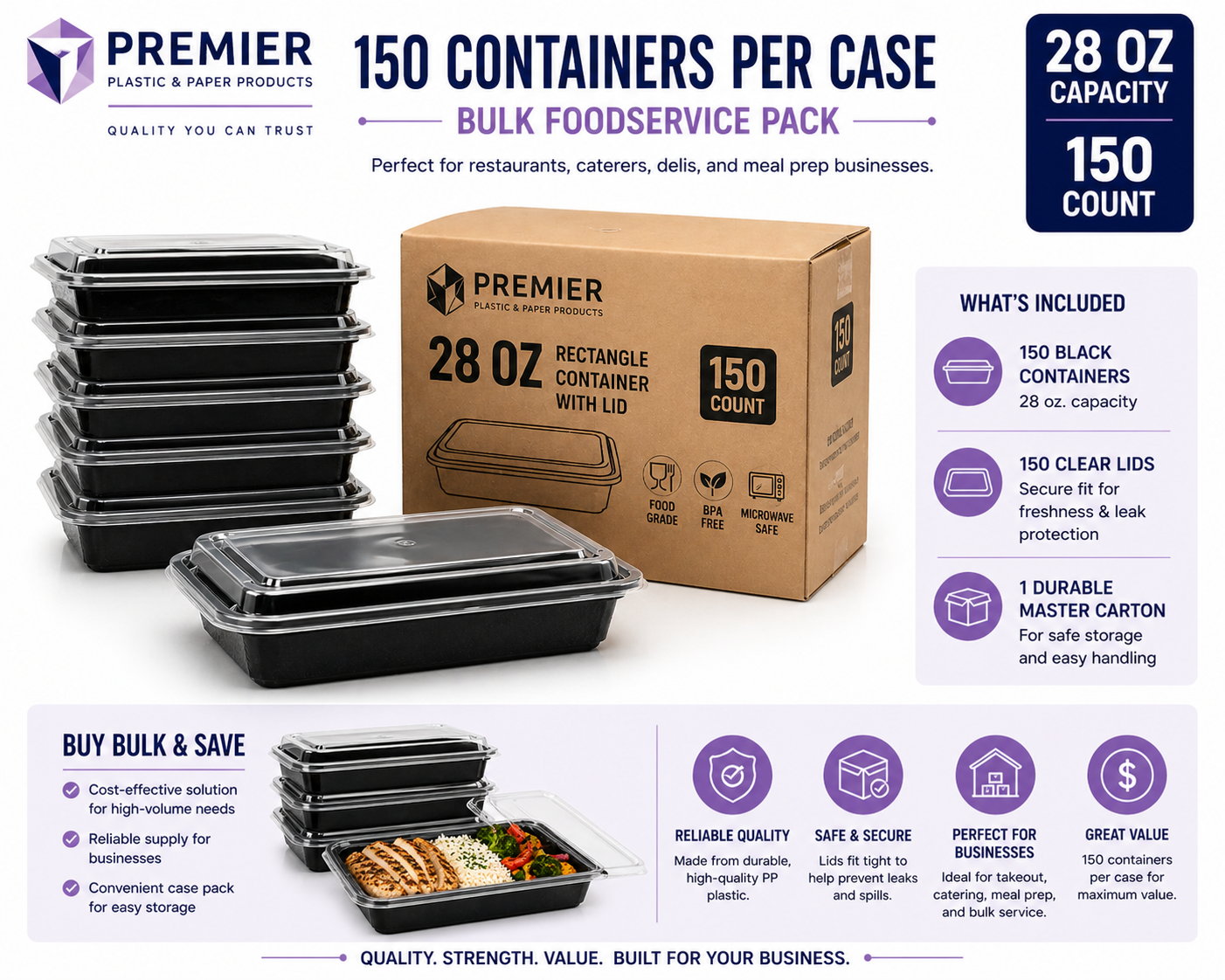 Premier Plastic Container RECTANGLE 28 OZ W LID 150 CT