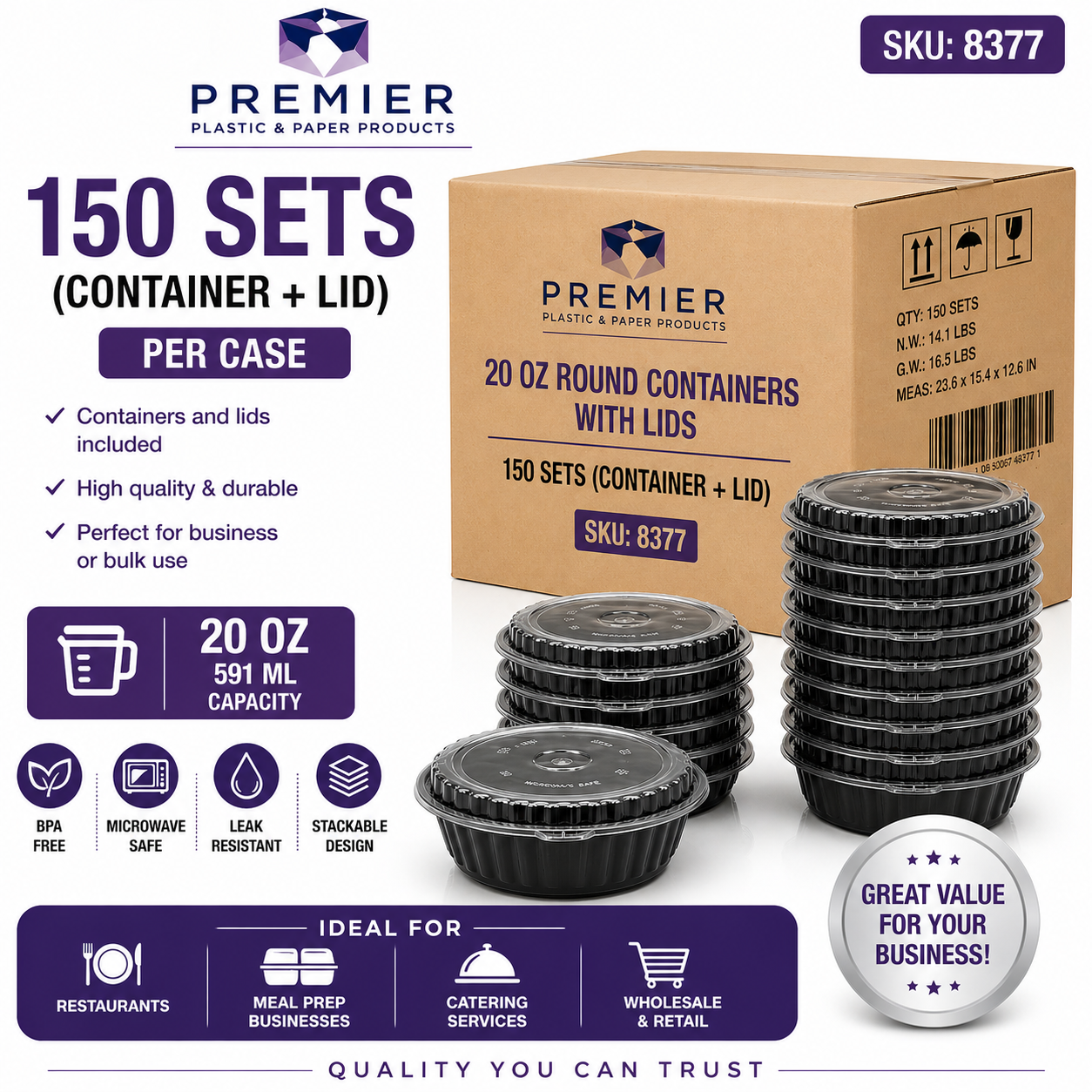 Premier Plastic Container ROUND W LID ROR 8377 150 CT 20 OZ