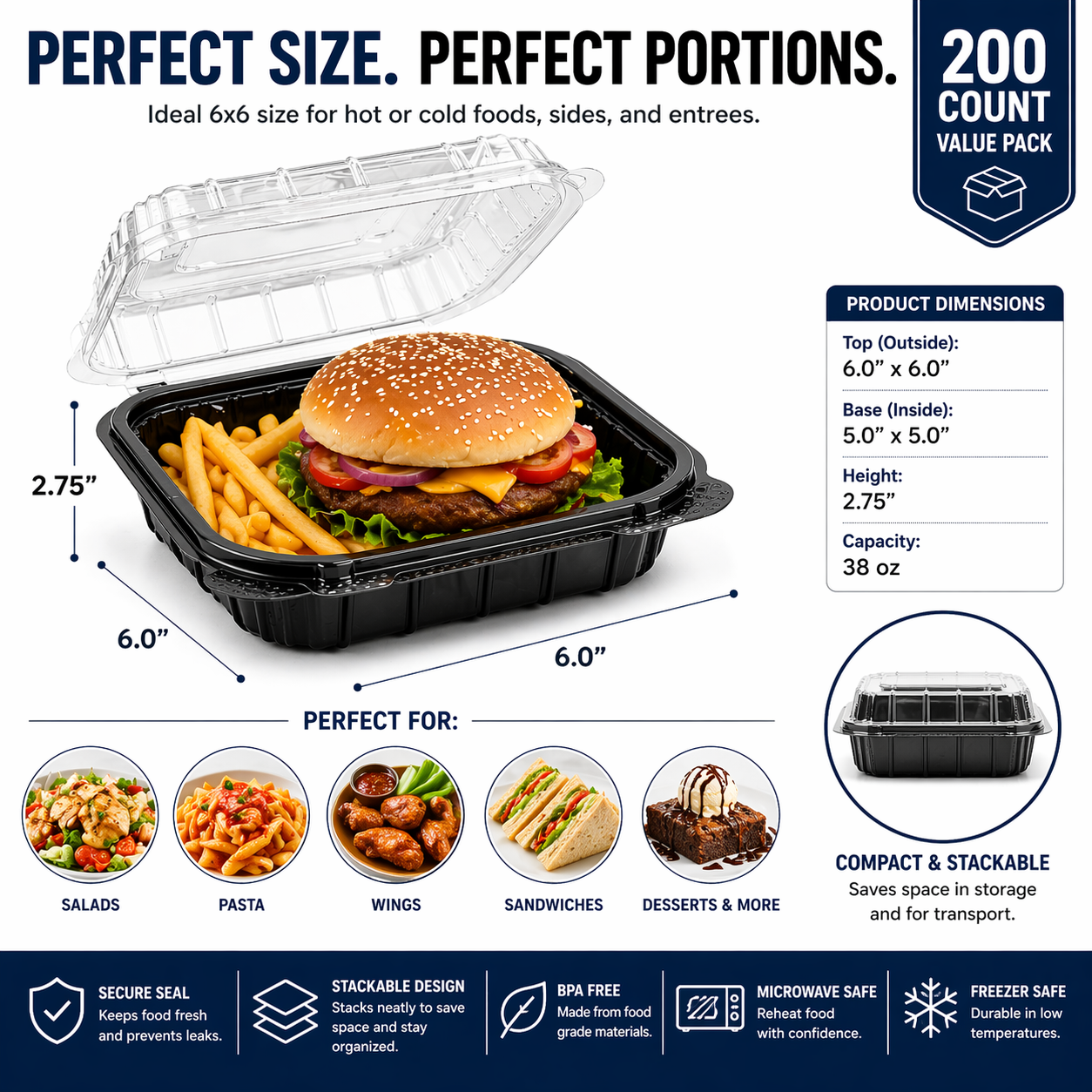Premier Plastic Container Hinged 6/6 200 CT