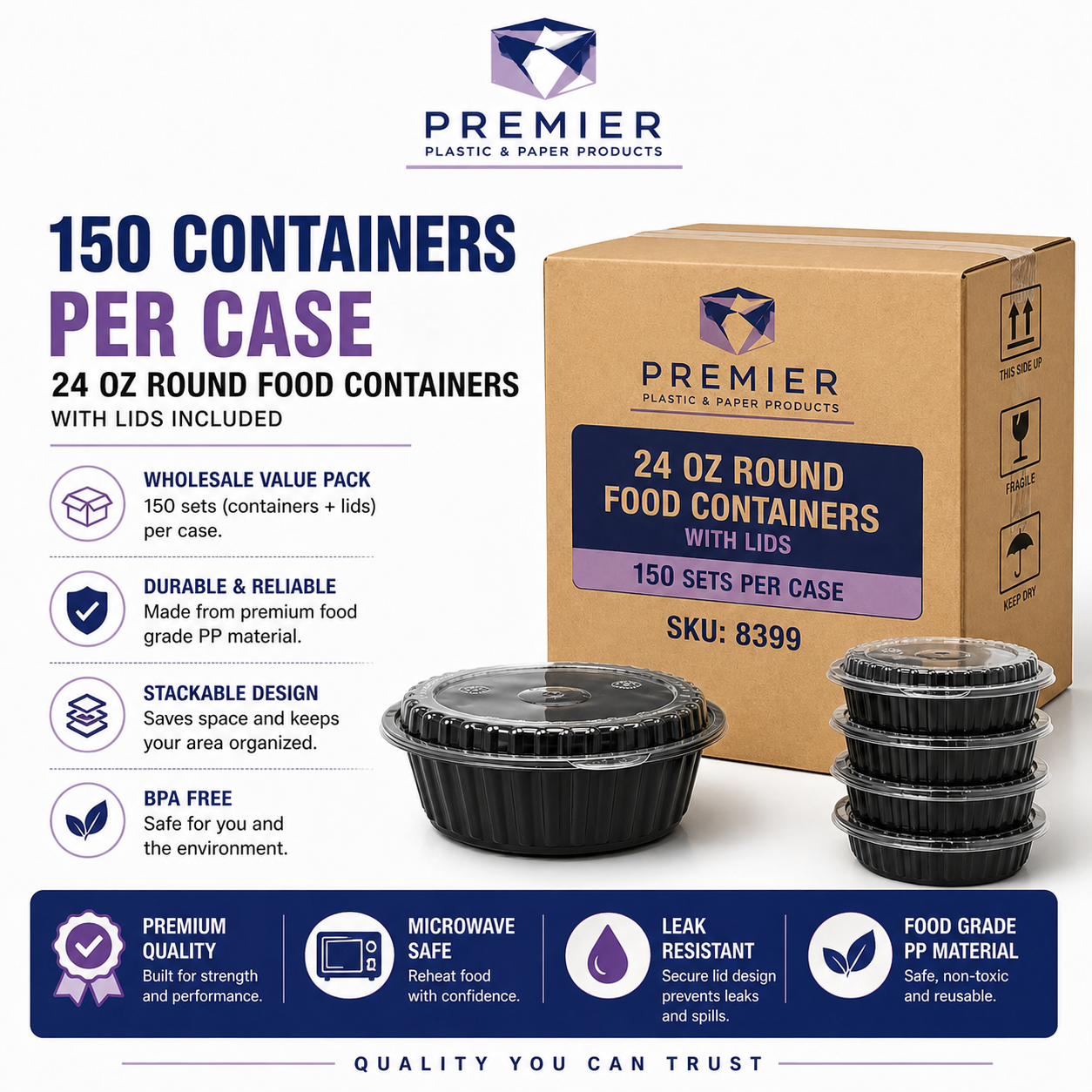 Premier Plastic Container ROUND W LID ROR 8399 150 CT 24 OZ