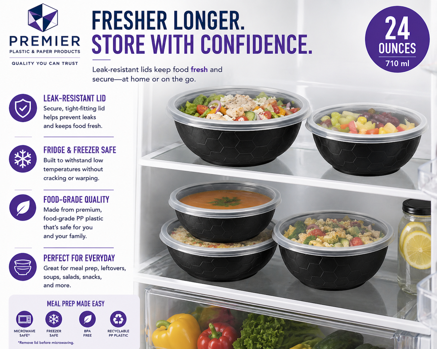Premier Plastic Container BOWL 24 OZ BLACK