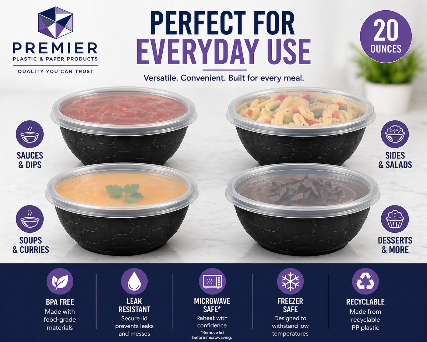 Premier Plastic Container BOWL 20 OZ BLACK