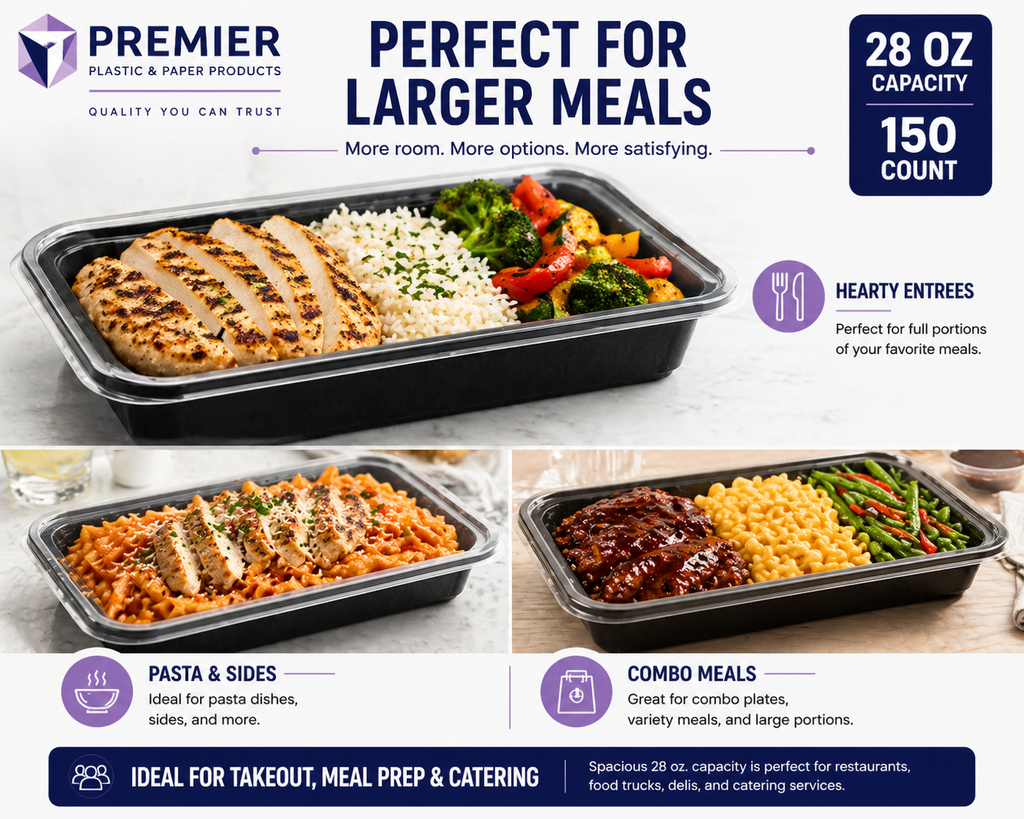 Premier Plastic Container RECTANGLE 28 OZ W LID 150 CT