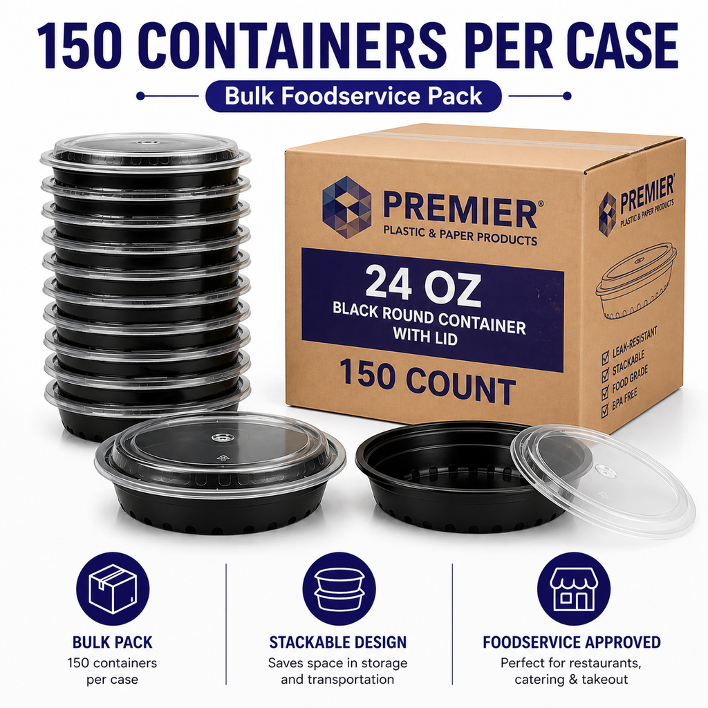 Premier Plastic Container ROUND 24 OZ W LID 150 CT