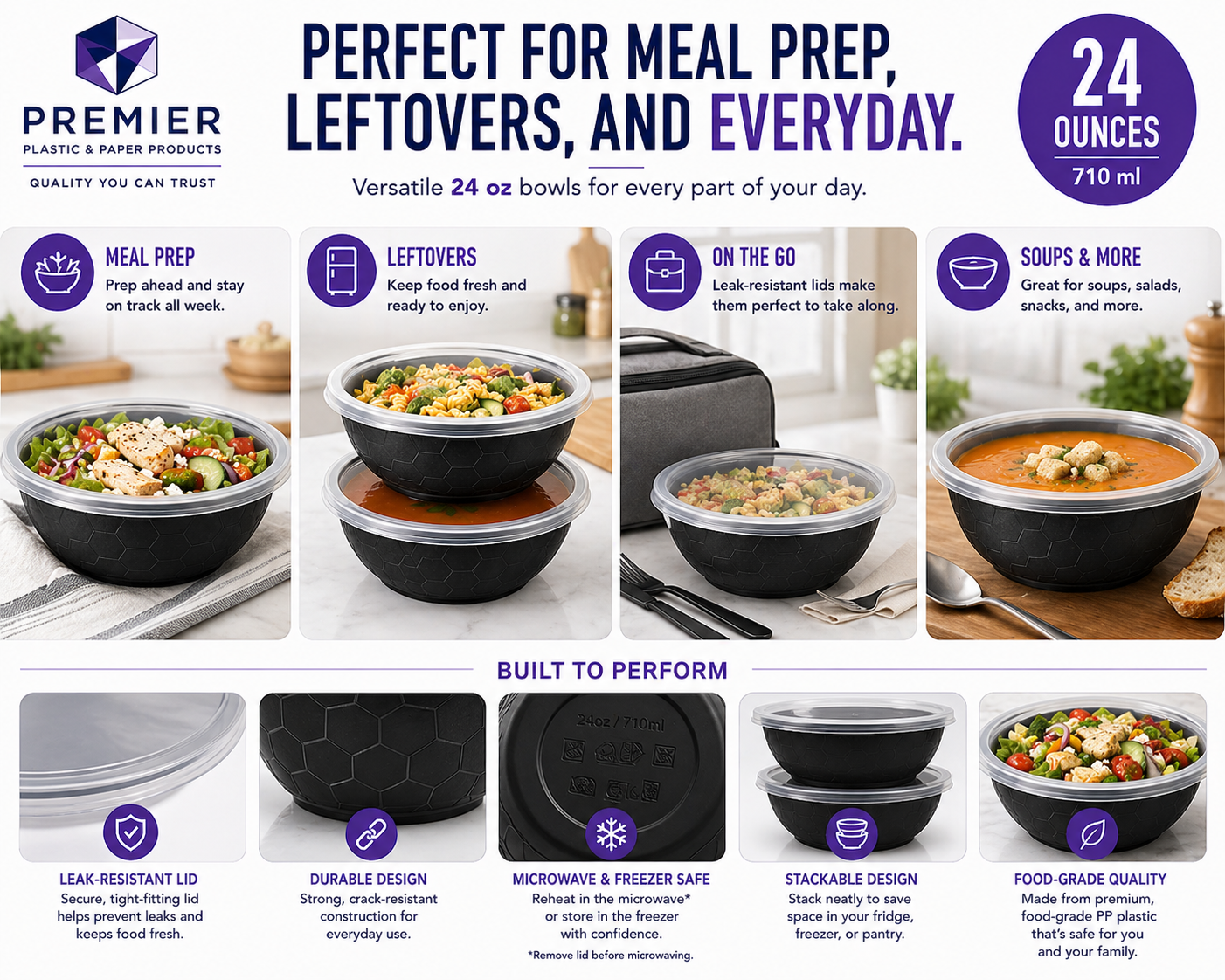 Premier Plastic Container BOWL 24 OZ BLACK