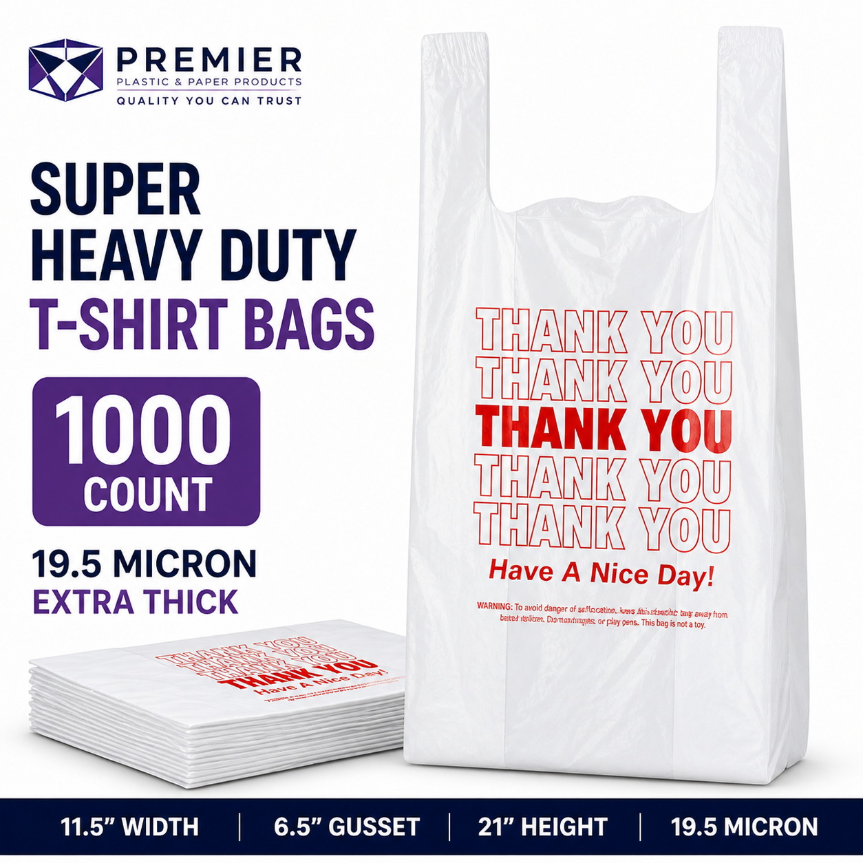 Premier 1/6 Easy Open 1000 WHITE THANK YOU SUPER HEAVY BAG