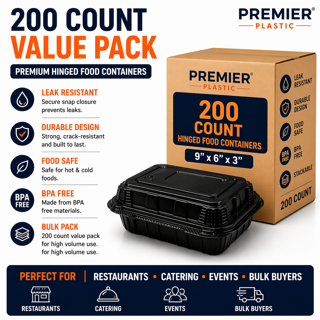 Premier Plastic Container Hinged BLACK 9/6 200 CT