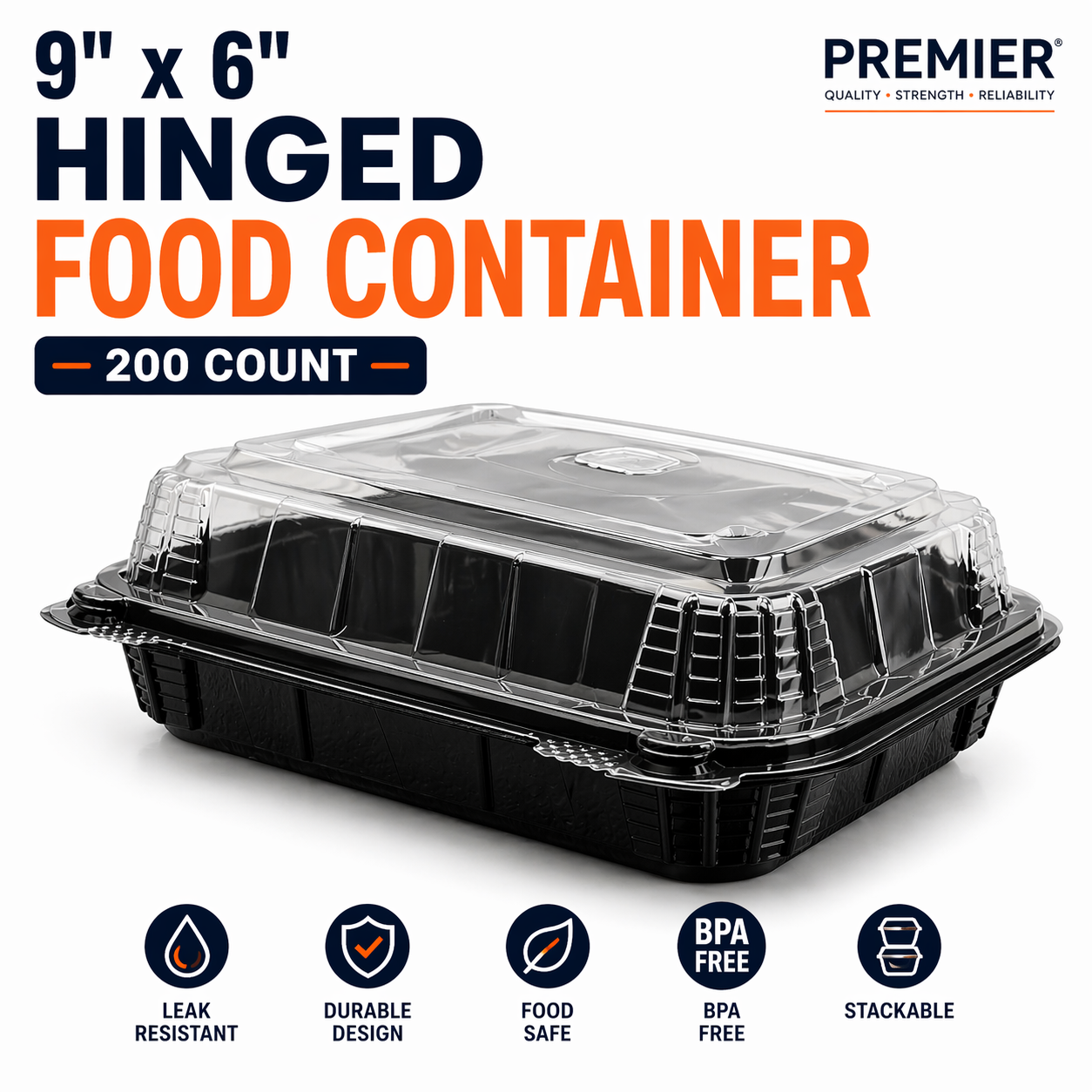 Premier Plastic Container Hinged 9/6 200 CT