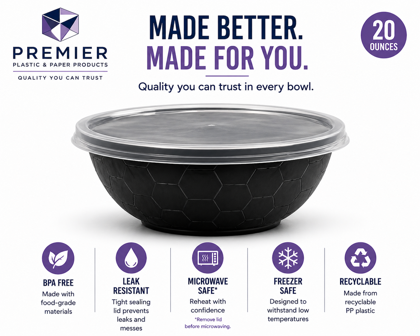 Premier Plastic Container BOWL 20 OZ BLACK