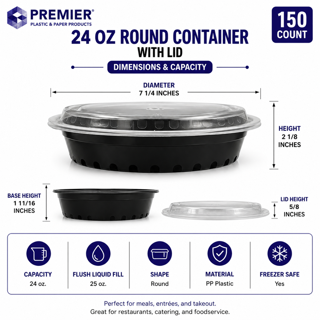 Premier Plastic Container ROUND 24 OZ W LID 150 CT
