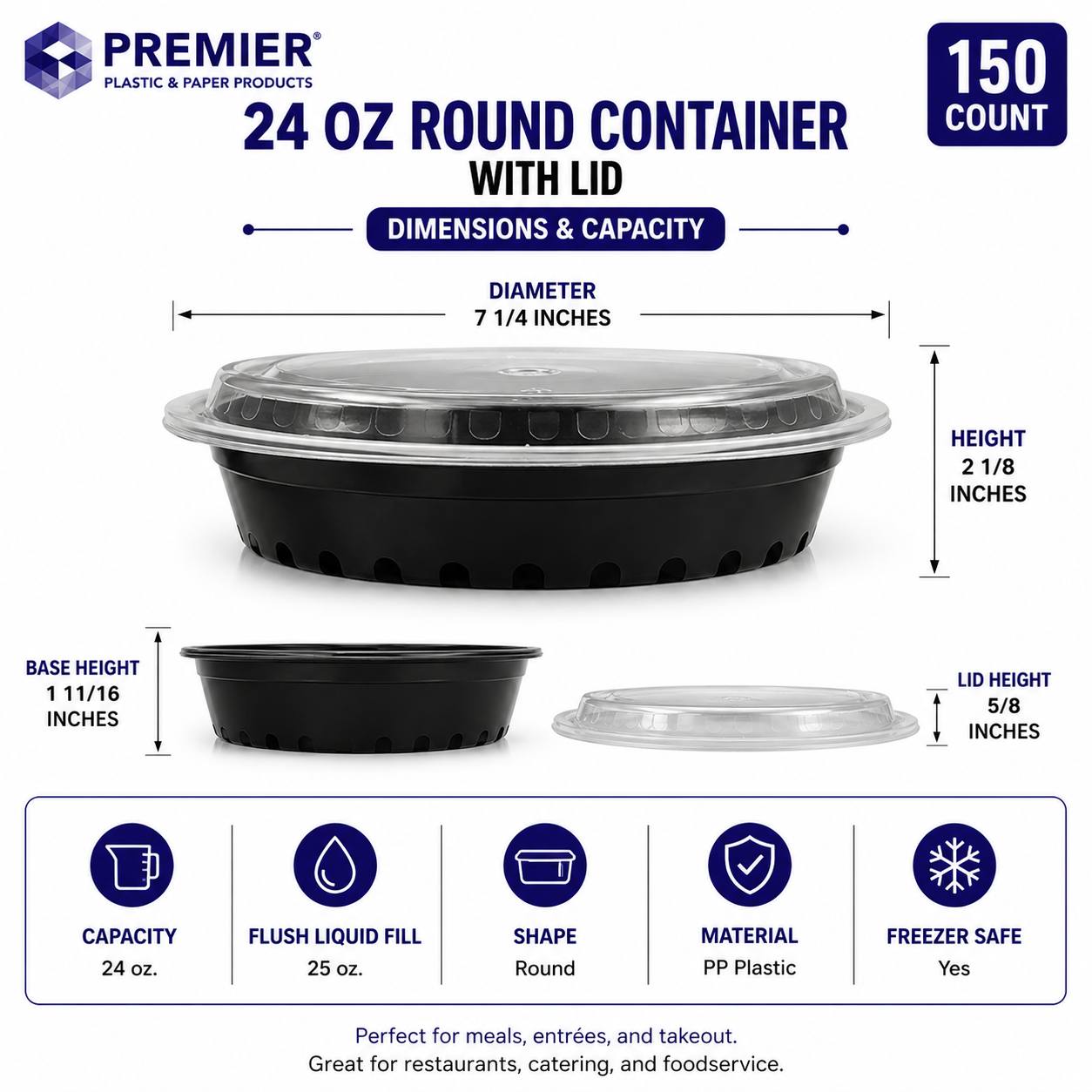 Premier Plastic Container ROUND 24 OZ W LID 150 CT