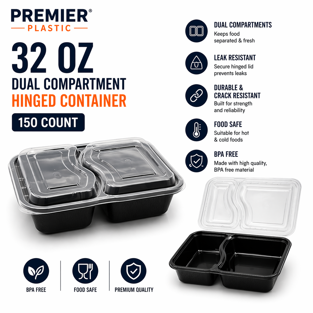 Premier Plastic Container RECTANGLE 2 COMPARTMENT-32 OZ W LID 150 CT