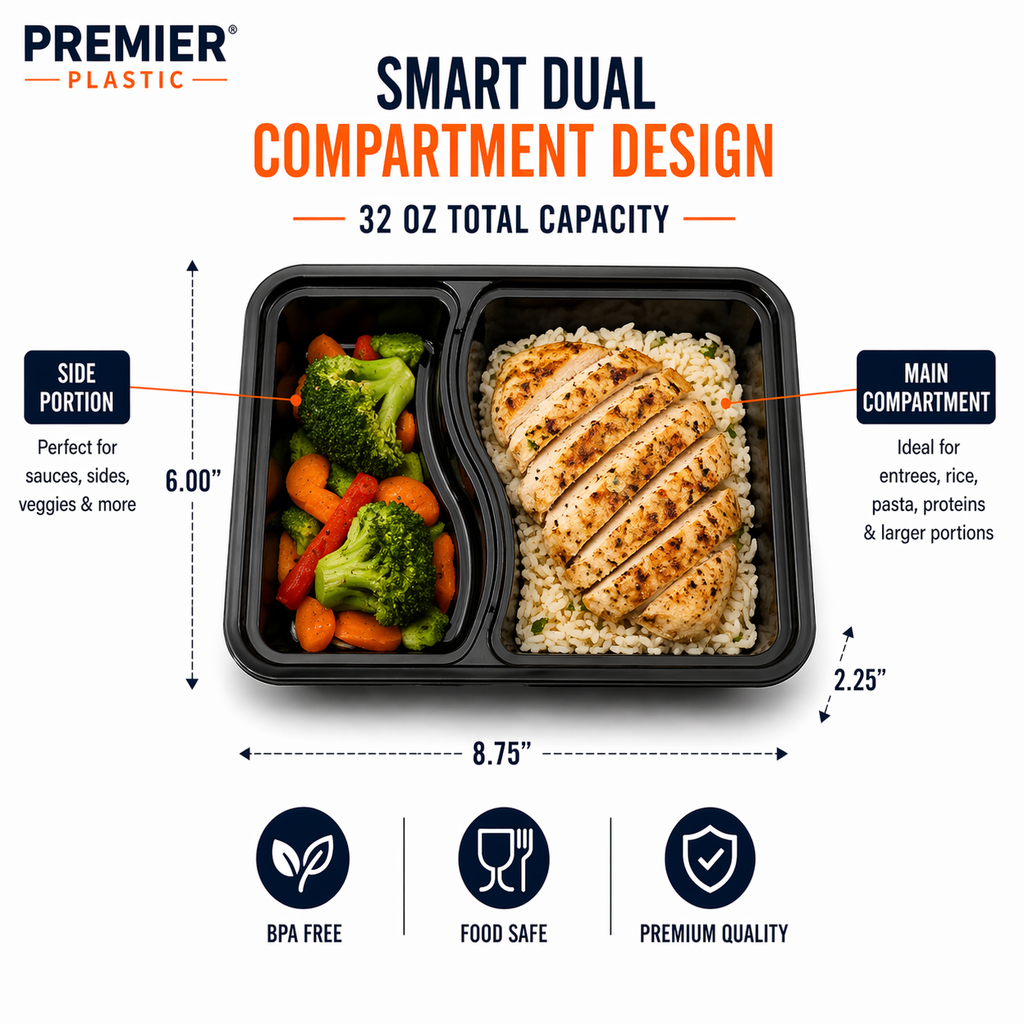 Premier Plastic Container RECTANGLE 2 COMPARTMENT-32 OZ W LID 150 CT
