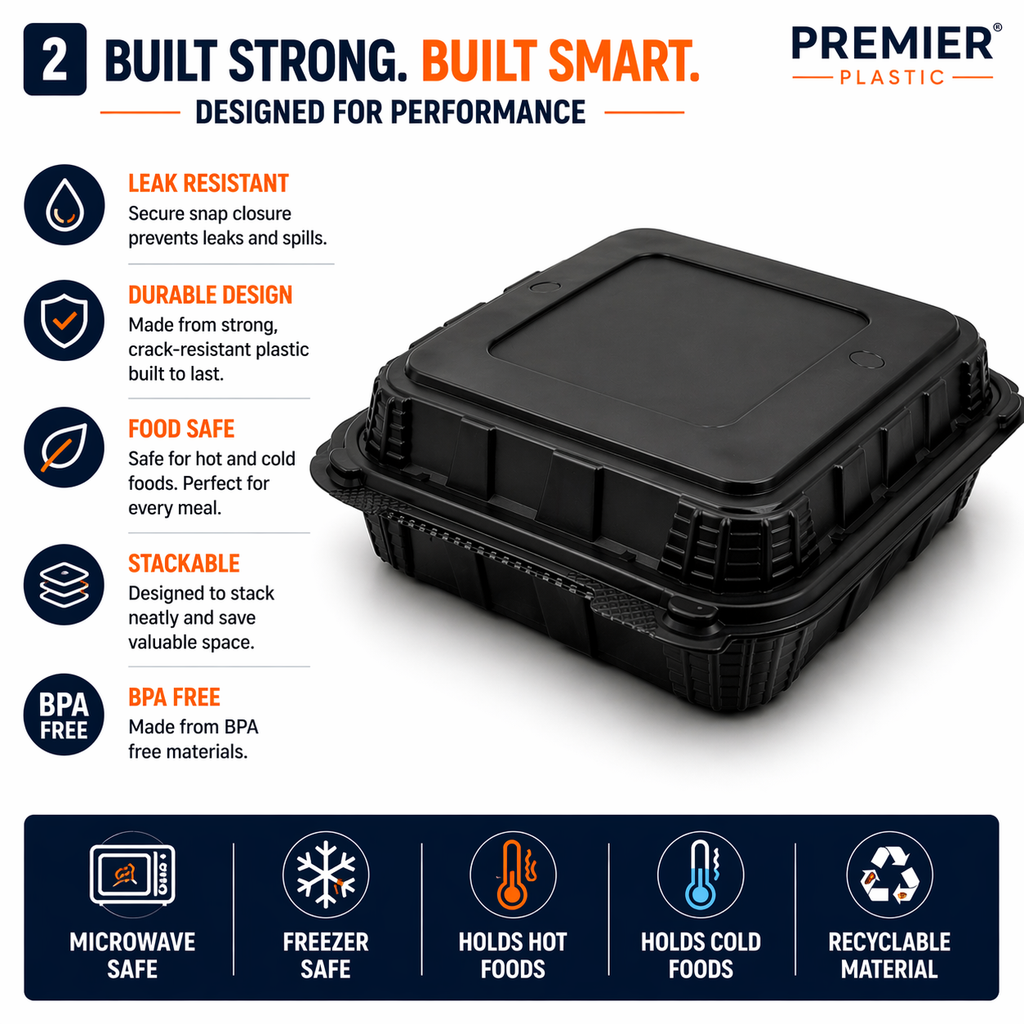 Premier Plastic Container Hinged 9/9 100 CT BLACK