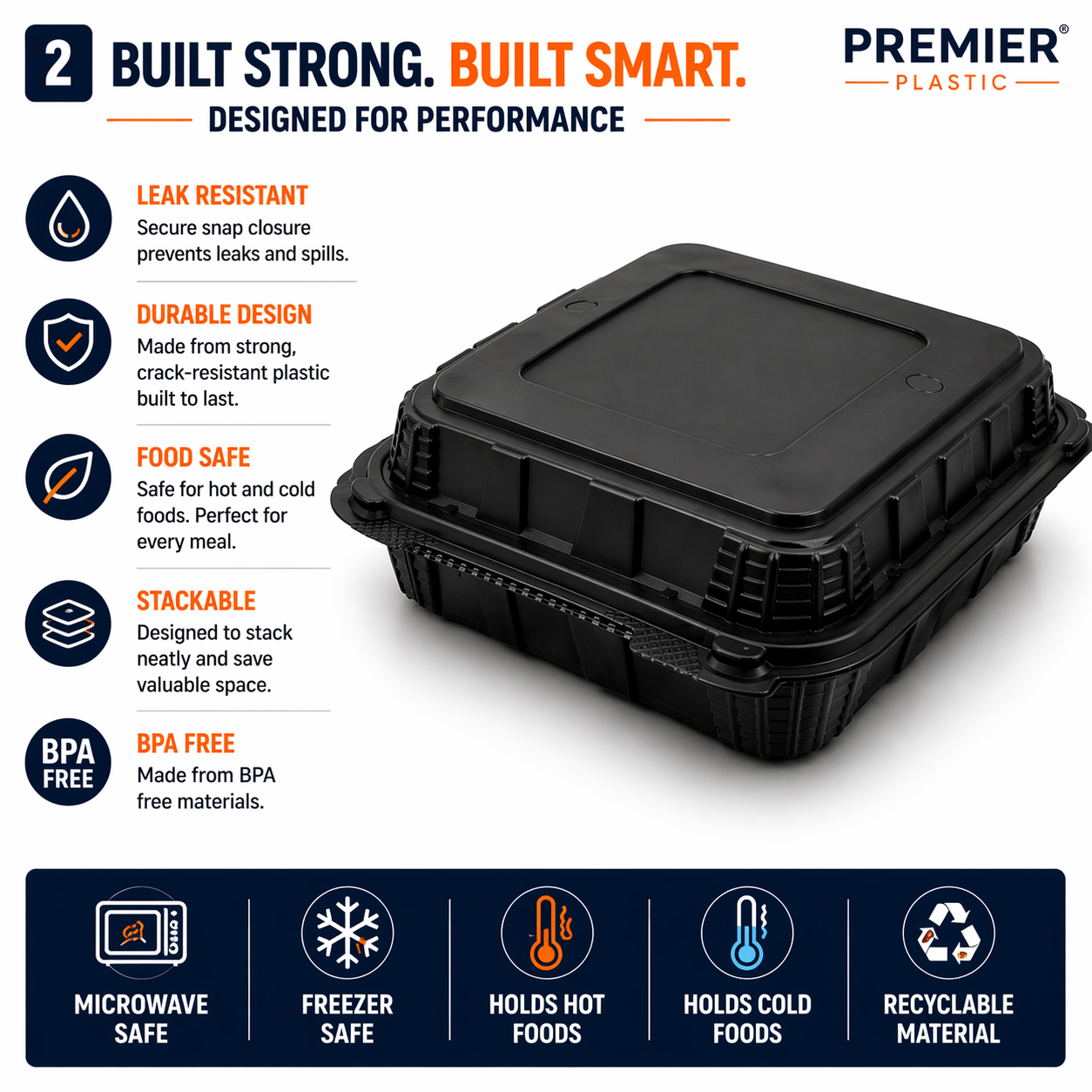Premier Plastic Container Hinged 9/9 100 CT BLACK