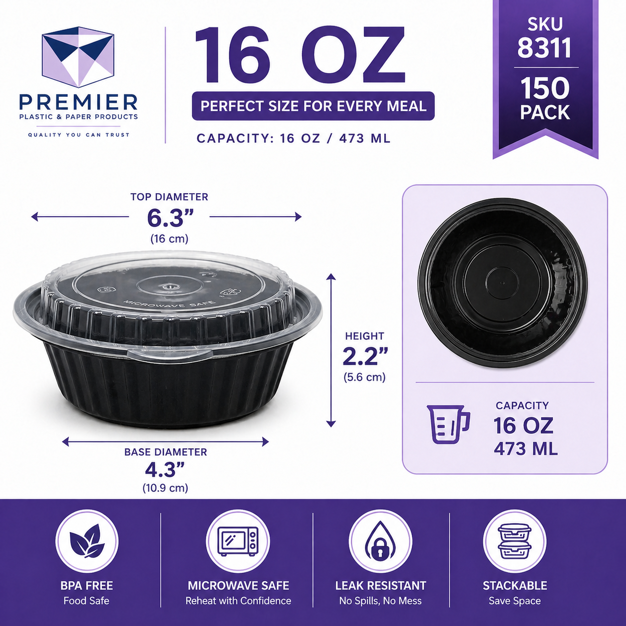Premier Plastic Container ROUND W LID ROR 8311 150 CT 16 OZ