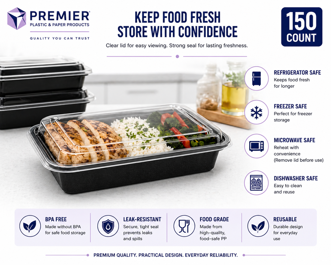 Premier Plastic Container RECTANGLE 24 OZ W LID 150 CT