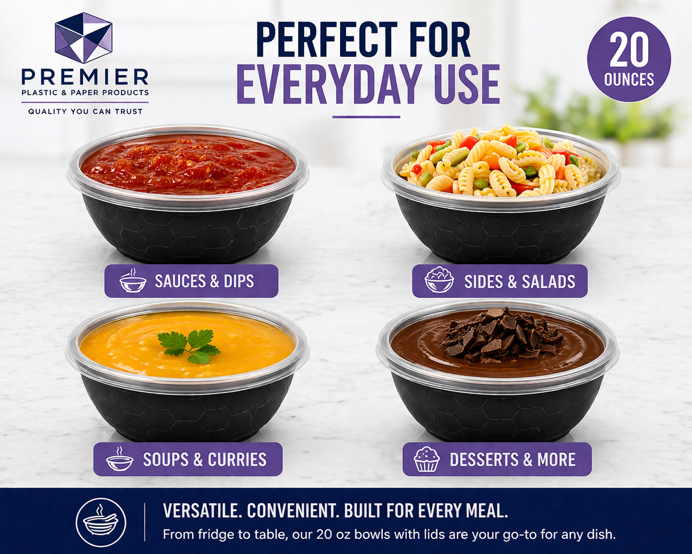 Premier Plastic Container BOWL 20 OZ BLACK