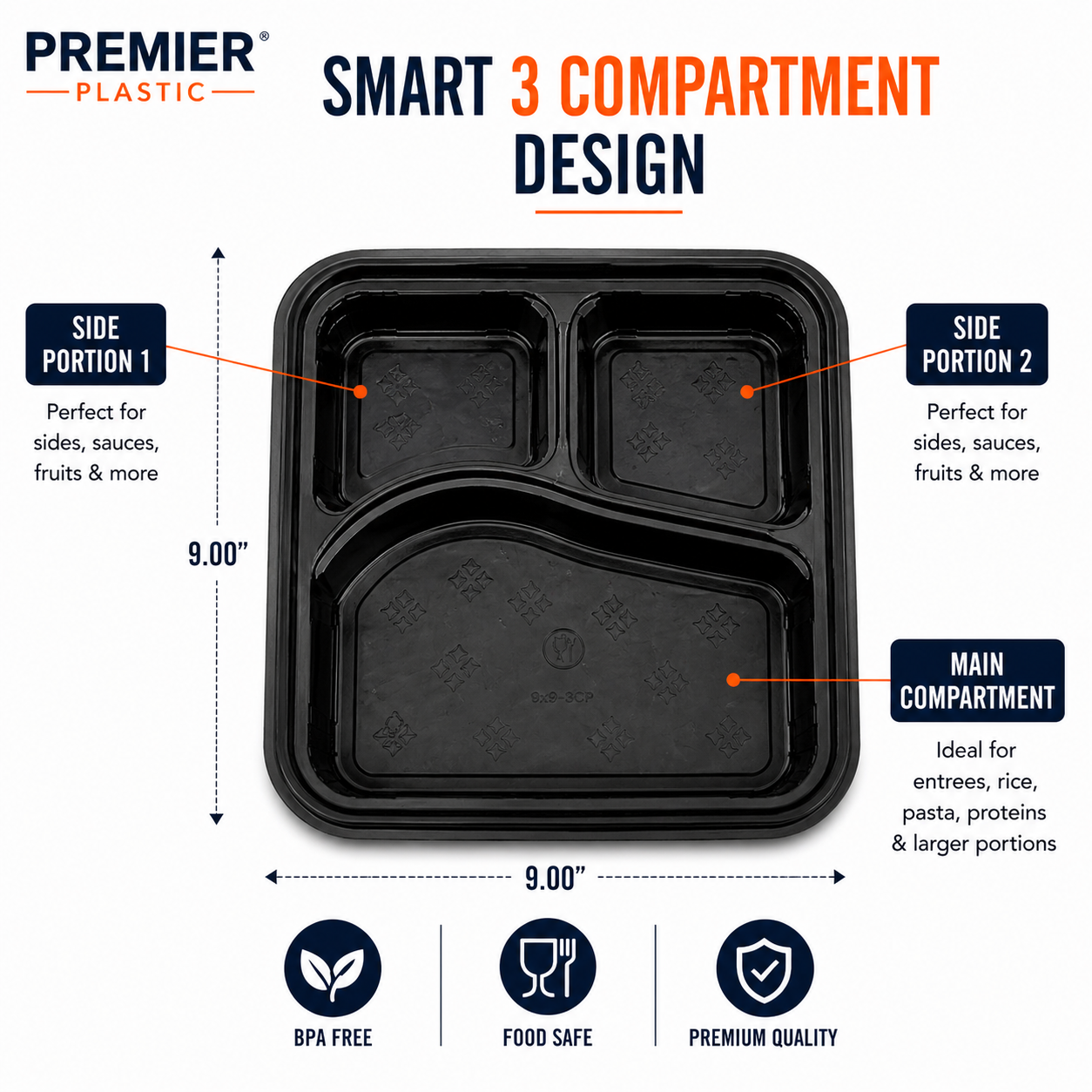 Premier Plastic Container Hinged 9/9-3 COMPARTMENT 100 CT Black W Clear Lid