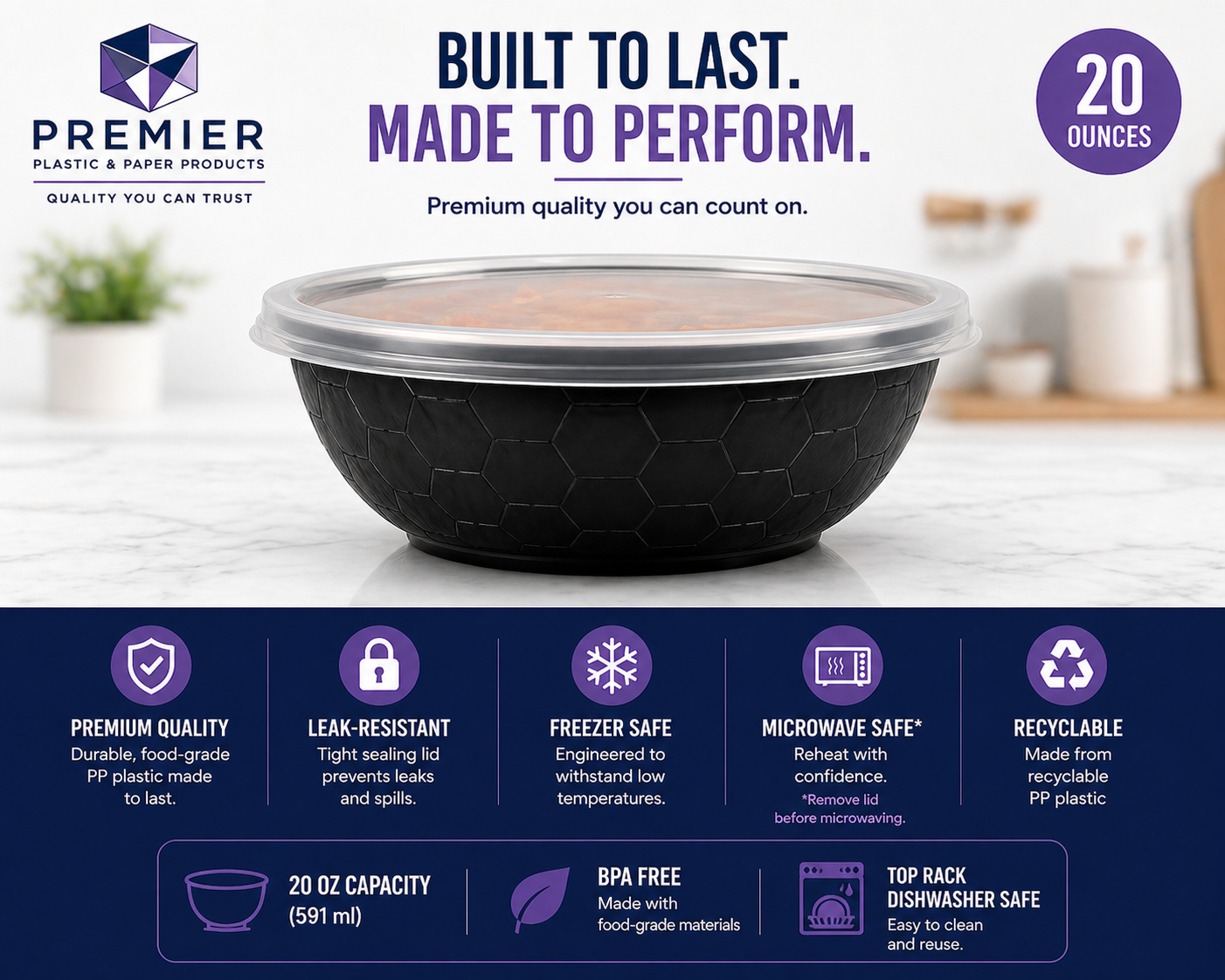 Premier Plastic Container BOWL 20 OZ BLACK