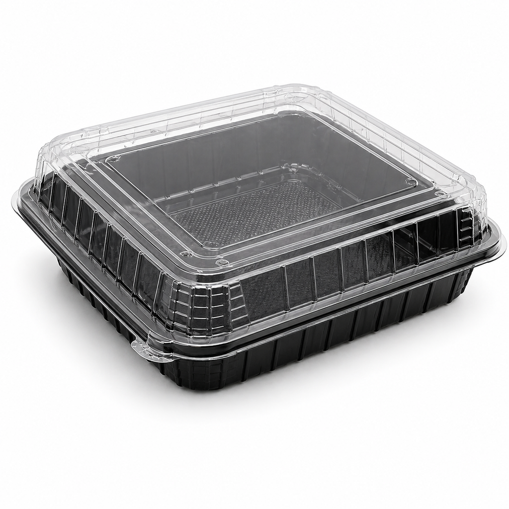 Premier Plastic Container Hinged 9/9 100 CT Black W Clear Lid