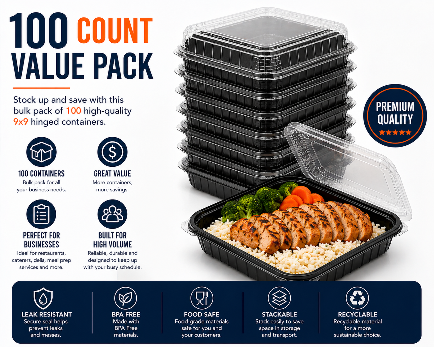 Premier Plastic Container Hinged 9/9 100 CT Black W Clear Lid