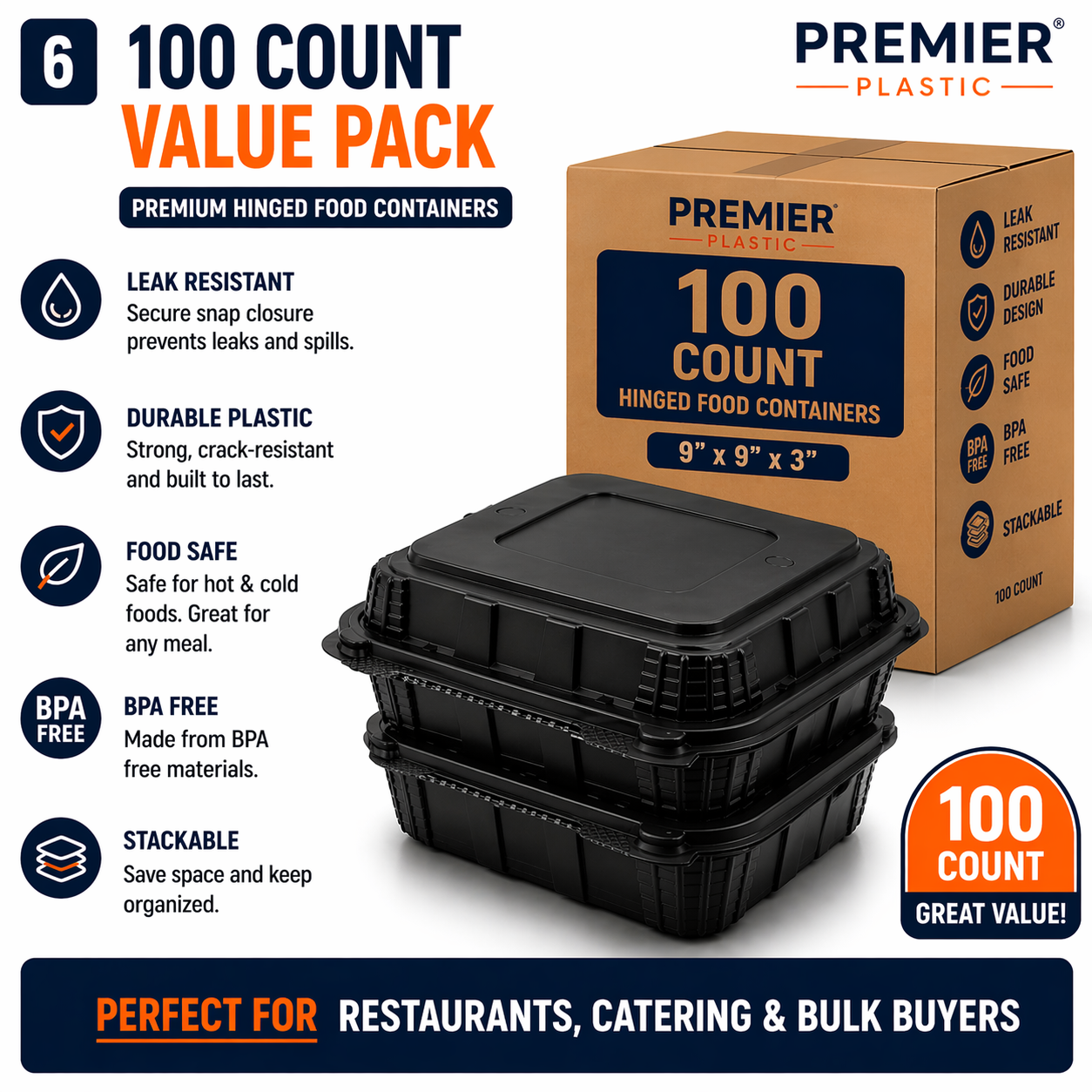 Premier Plastic Container Hinged 9/9 100 CT BLACK