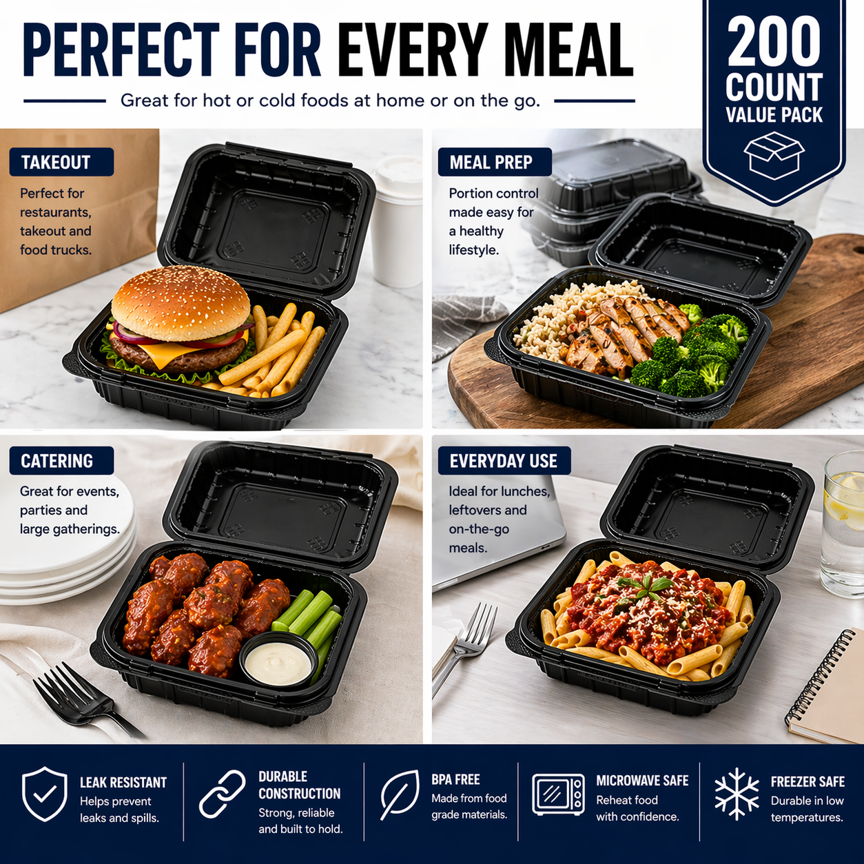 Premier Plastic Container Hinged BLACK 6/6 200 CT